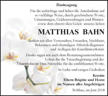 Traueranzeige von Matthias Bahn von Mitteldeutsche Zeitung Bitterfeld