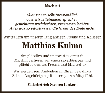 Traueranzeige von Matthias Kuhno von Super Sonntag Zeitz