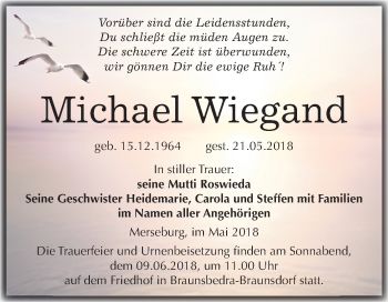 Traueranzeige von Michael Wiegand von Mitteldeutsche Zeitung Merseburg/Querfurt