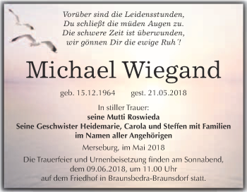 Traueranzeige von Michael Wiegand von WVG - Wochenspiegel Merseburg