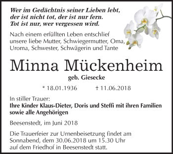 Traueranzeige von Minna Mückenheim von Mitteldeutsche Zeitung Halle/Saalkreis
