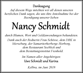 Traueranzeige von Nancy Schmidt von Mitteldeutsche Zeitung Sangerhausen