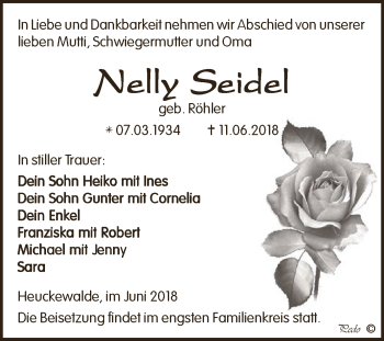 Traueranzeige von Nelly Seidel von Super Sonntag Zeitz