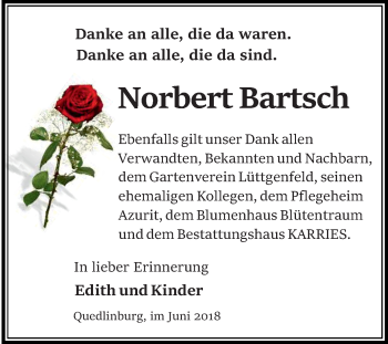Traueranzeige von Norbert Bartsch von Mitteldeutsche Zeitung Quedlinburg