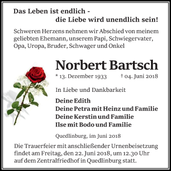 Traueranzeige von Norbert Bartsch von Mitteldeutsche Zeitung Quedlinburg