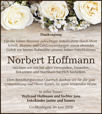 Traueranzeige von Norbert Hoffmann von WVG - Wochenspiegel Dessau / Köthen