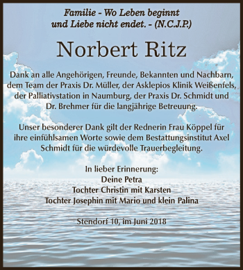 Traueranzeige von Norbert Ritz von WVG - Wochenspiegel NMB / WSF / ZTZ