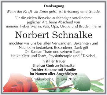 Traueranzeige von Norbert Schnalke von Mitteldeutsche Zeitung Weißenfels