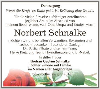 Traueranzeige von Norbert Schnalke von WVG - Wochenspiegel NMB / WSF / ZTZ