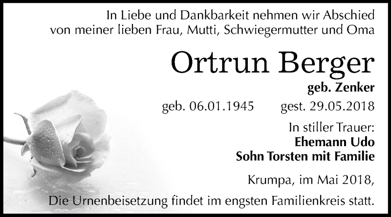  Traueranzeige für Ortrun Berger vom 02.06.2018 aus Mitteldeutsche Zeitung Merseburg/Querfurt