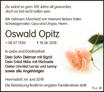 Traueranzeige von Oswald Opitz von Super Sonntag Zeitz