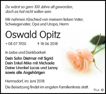 Traueranzeige von Oswald Opitz von Mitteldeutsche Zeitung Zeitz