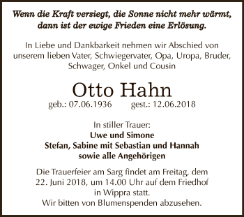 Traueranzeige von Otto Hahn von Super Sonntag SGH Mansf. Land