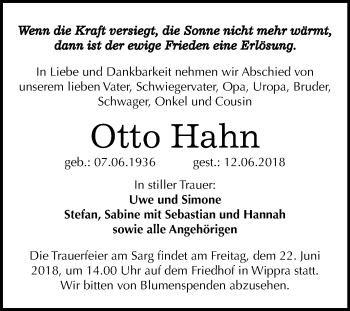Traueranzeige von Otto Hahn von Mitteldeutsche Zeitung