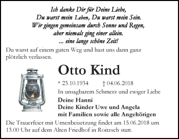 Traueranzeige von Otto Kind von Mitteldeutsche Zeitung Bitterfeld
