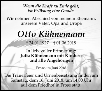 Traueranzeige von Otto Kühnemann von Mitteldeutsche Zeitung Aschersleben