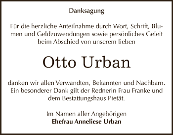 Traueranzeige von Otto Urban von WVG - Wochenspiegel Dessau / Köthen
