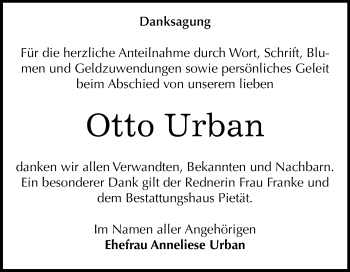 Traueranzeige von Otto Urban von Mitteldeutsche Zeitung Köthen
