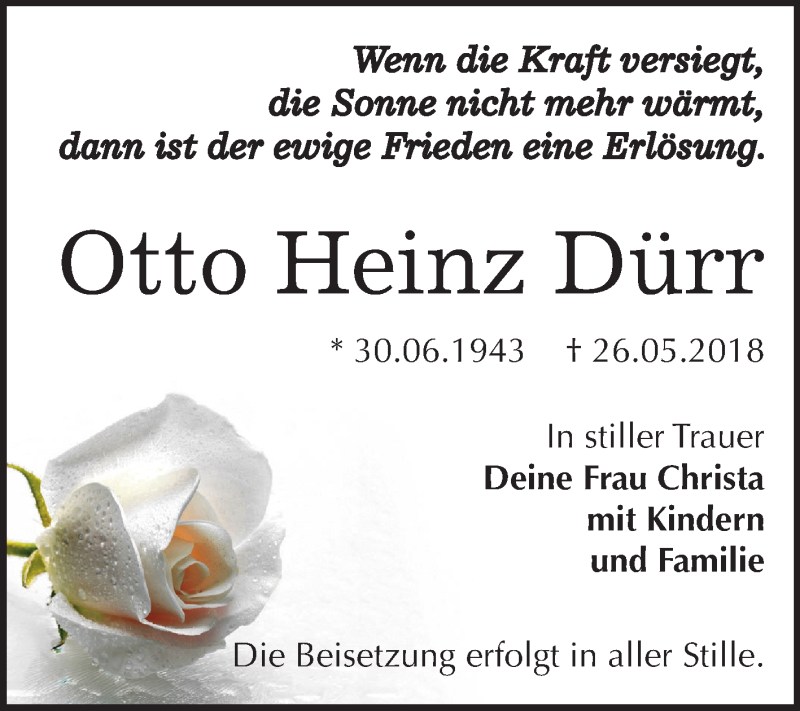  Traueranzeige für Otto Heinz Dürr vom 09.06.2018 aus Mitteldeutsche Zeitung Dessau-Roßlau