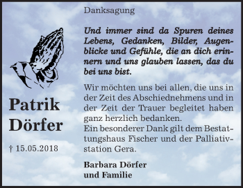 Traueranzeige von Patrik Dörfer von Mitteldeutsche Zeitung Zeitz