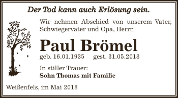 Traueranzeige von Paul Brömel von WVG - Wochenspiegel NMB / WSF / ZTZ