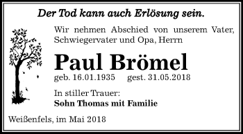 Traueranzeige von Paul Brömel von Mitteldeutsche Zeitung Weißenfels