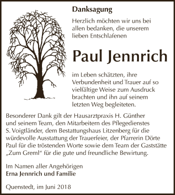 Traueranzeige von Paul Jennrich von Super Sonntag Aschersleben