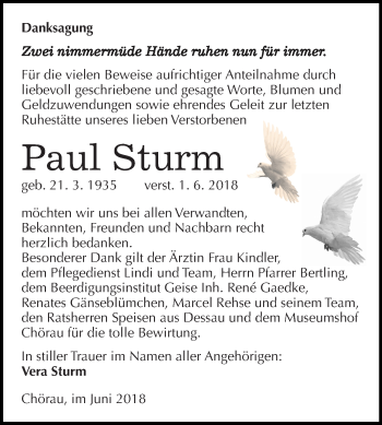 Traueranzeige von Paul Sturm von Mitteldeutsche Zeitung Köthen