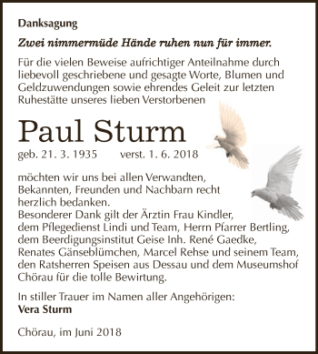 Traueranzeige von Paul Sturm von WVG - Wochenspiegel Dessau / Köthen
