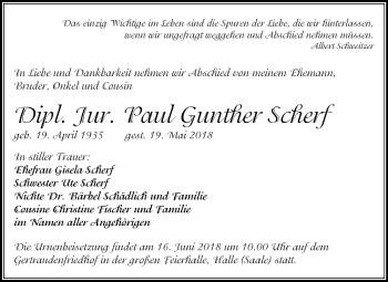 Traueranzeige von Paul Gunther Scherf von Mitteldeutsche Zeitung Halle/Saalkreis