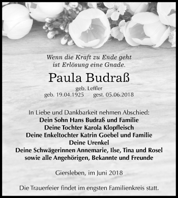 Traueranzeige von Paula Budraß von Mitteldeutsche Zeitung Aschersleben