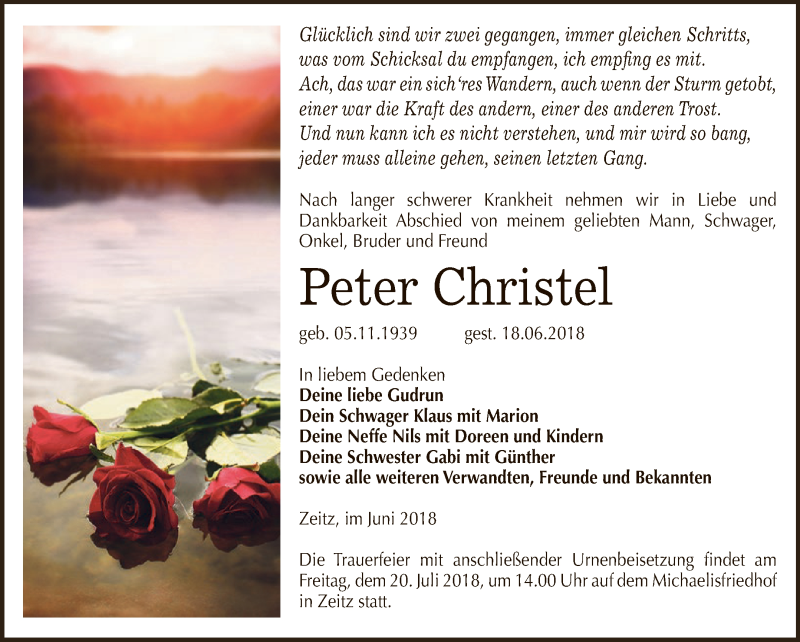  Traueranzeige für Peter Christel vom 23.06.2018 aus Super Sonntag Zeitz