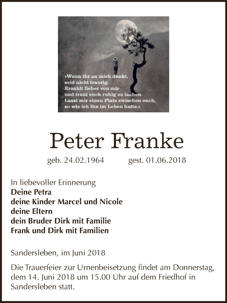  Traueranzeige für Peter Franke vom 09.06.2018 aus Super Sonntag SGH Mansf. Land
