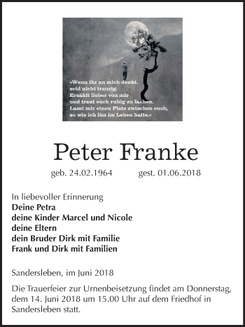 Traueranzeige von Peter Franke von Mitteldeutsche Zeitung