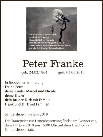 Traueranzeige von Peter Franke von Super Sonntag SGH Mansf. Land