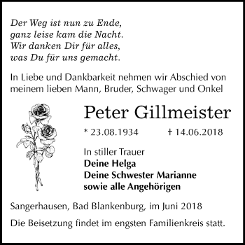 Traueranzeige von Peter Gillmeister von Mitteldeutsche Zeitung Sangerhausen