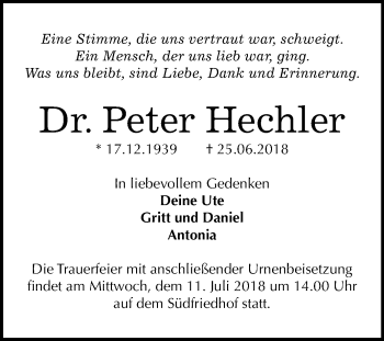 Traueranzeige von Peter Hechler von Mitteldeutsche Zeitung Halle/Saalkreis