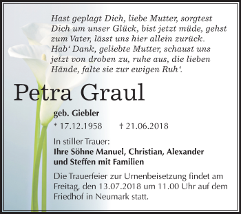 Traueranzeige von Petra Graul von Mitteldeutsche Zeitung Merseburg/Querfurt