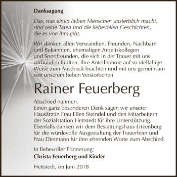 Traueranzeige von Rainer Feuerberg von Wochenspiegel Mansfelder Land