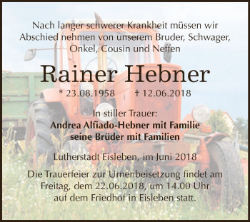 Traueranzeige von Rainer Hebner von Wochenspiegel Mansfelder Land