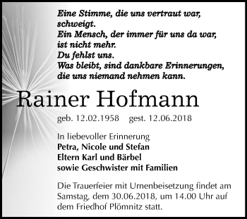 Traueranzeige von Rainer Hofmann von Mitteldeutsche Zeitung Bernburg