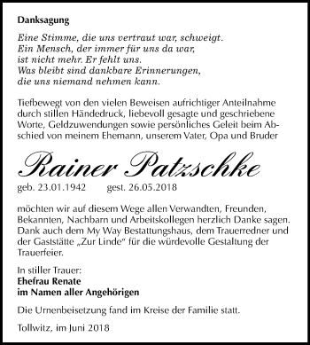 Traueranzeige von Rainer Patzschke von Mitteldeutsche Zeitung