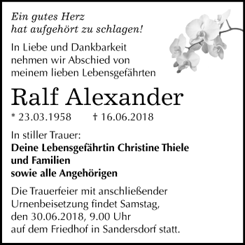Traueranzeige von Ralf Alexander von Mitteldeutsche Zeitung Bitterfeld