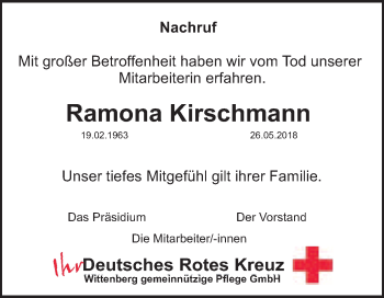 Traueranzeige von Ramona Kirschmann von Super Sonntag Wittenberg