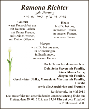 Traueranzeige von Ramona Richter von Super Sonntag SGH Mansf. Land