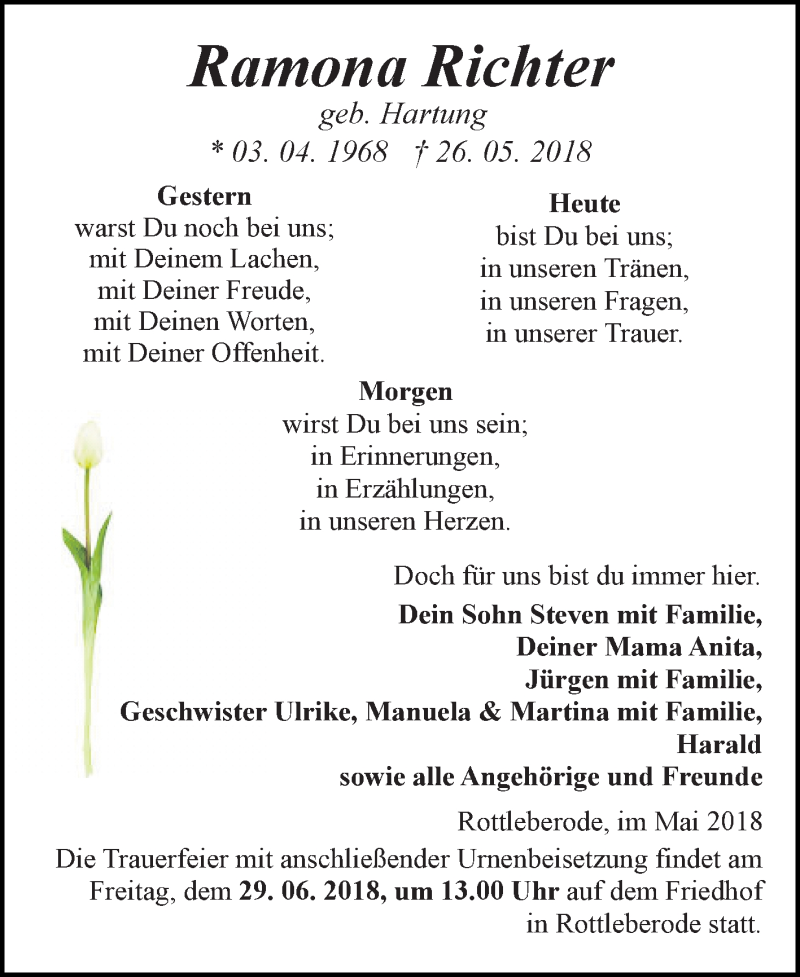  Traueranzeige für Ramona Richter vom 16.06.2018 aus Mitteldeutsche Zeitung