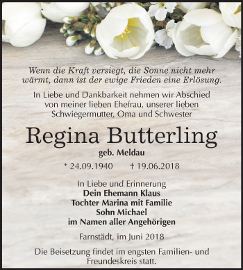Traueranzeige von Regina Butterling von Mitteldeutsche Zeitung Merseburg/Querfurt