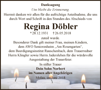 Traueranzeige von Regina Döbler von WVG - Wochenspiegel NMB / WSF / ZTZ