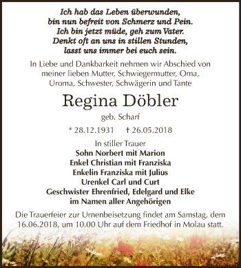 Traueranzeige von Regina Döbler von WVG - Wochenspiegel NMB / WSF / ZTZ