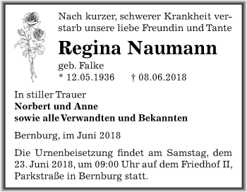 Traueranzeige von Regina Naumann von Mitteldeutsche Zeitung Bernburg